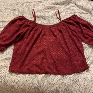 Off-the-shoulder sheer burgundy shirt